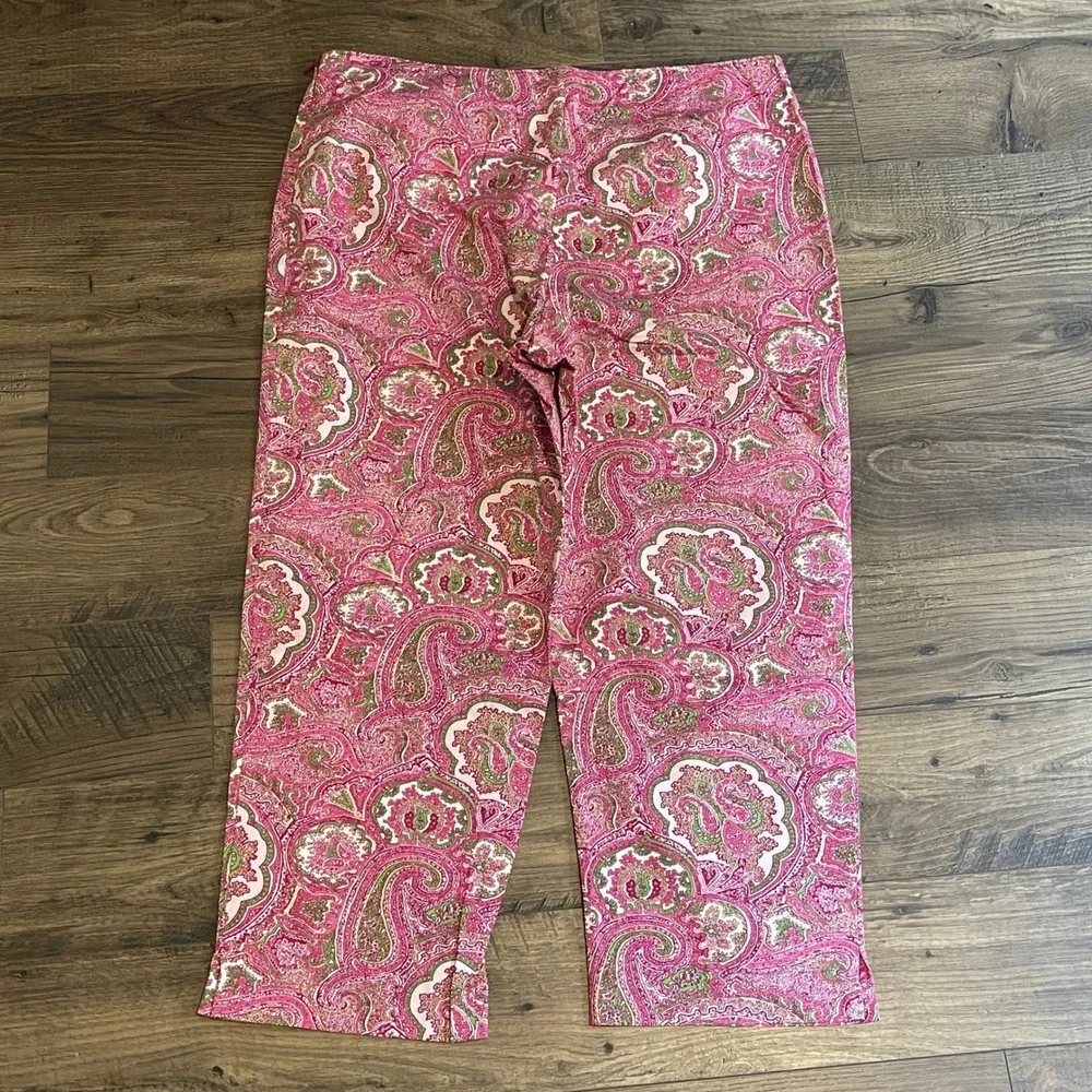 Talbots Womens Pink Green Paisley Classic Side Zip Cropped Pants Size 12 Cotton